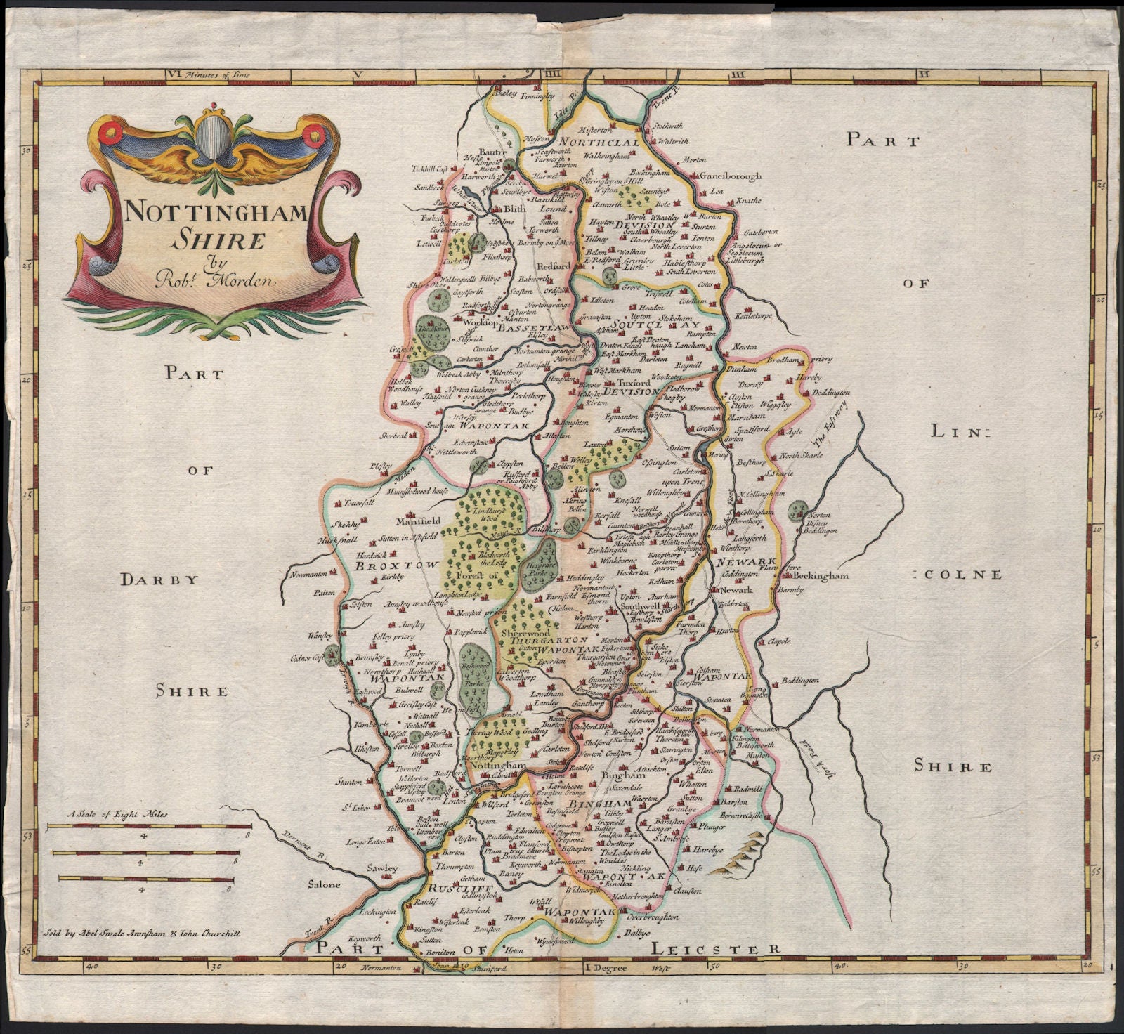NOTTINGHAMSHIRE. by ROBERT MORDEN from Camden's Britannia. Coloured 1695 map